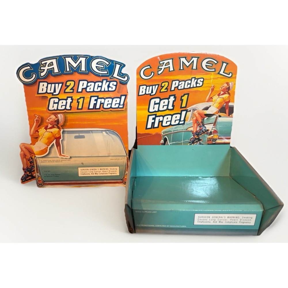 2 Vtg Camel Cigarette Cardboard Store Counter Displays One Lights Up 57 Chevy